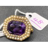 A fine vintage amethyst and pearl brooch pendant octagonal edge with two rows of pearls