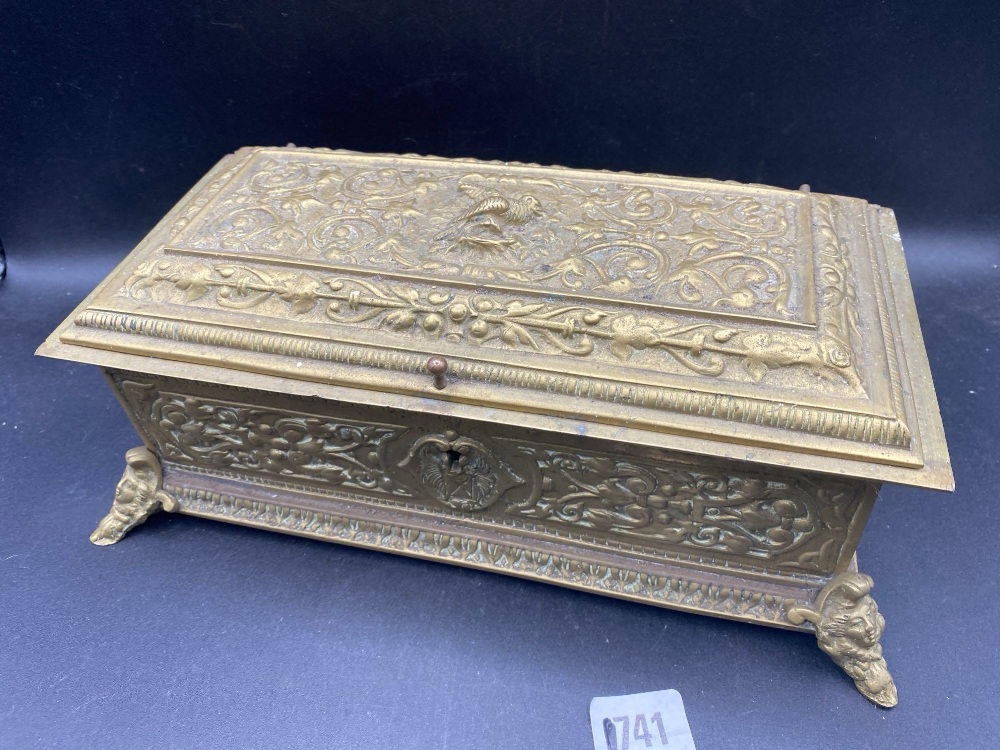 Heavy Victorian brass casket with chased decoration. 14 in long