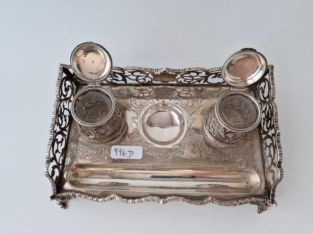 Victorian ink stand with two pierced ink pots and gallery sides. 8.5 in wide - Image 2 of 2