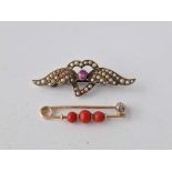 A 15ct gold coral bar brooch and 15ct gold ruby and seed pearl bar brooch