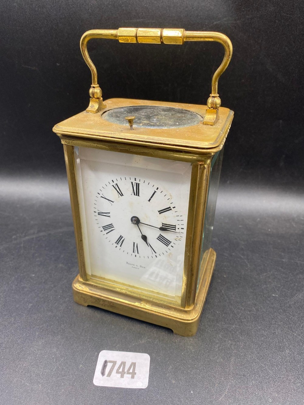 Another brass repeating carriage clock with repeat button and striking bell. 7 in high By Brook