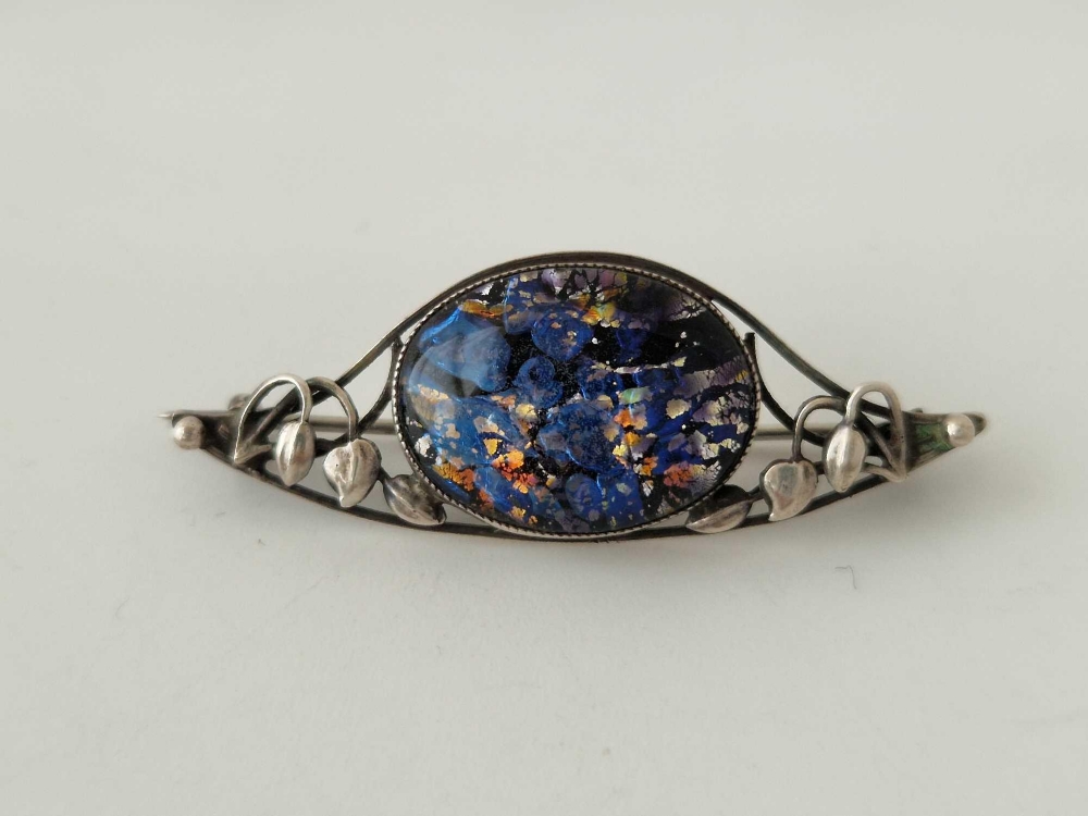 A art nouveau silver and harlequin foiled glass pendant and brooch by Thomas L Mott - Image 3 of 5