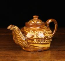 A Small Clevinger Twin-spouted Agate-ware Teapot with slip-glazed inscription;