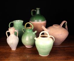 A Group of Six Earthenware Vessels: Four probably French enhanced with green glaze;