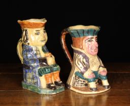 Two Unusual Heavily Potted Toby Jugs naively decorated with polychrome glaze 7½" (19 cm) and 8½"