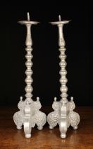 A Pair of 18th/19th Century Baroque Style Pewter Altar Pricket Candlesticks.