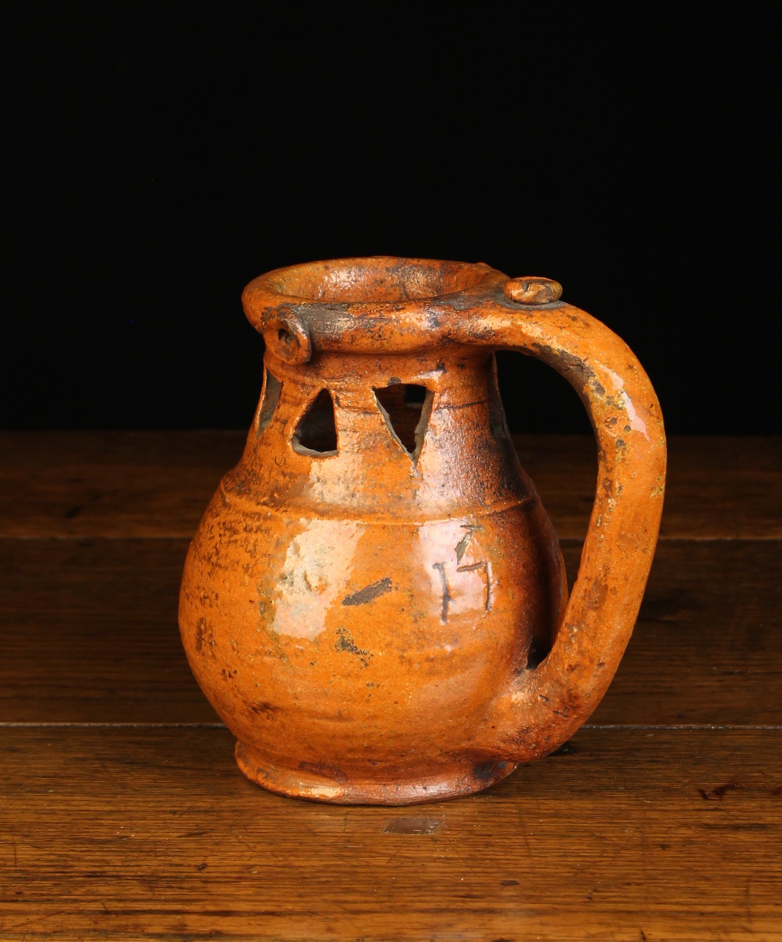 A Small Late 18th Century Orange Glazed Earthenware Puzzle Jug incised with date 1791. - Image 2 of 2