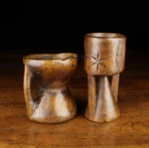 Two Small Dug-out Diablo-shaped Spanish Garlic Mortar/Cups: One having a straight sided bowl carved