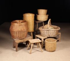 A Group of Vintage Stools & Baskets: A high kitchen stool with an oval elm lop on turned legs