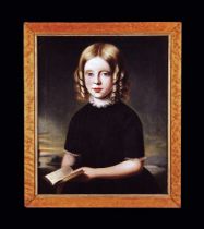 A 19th Century Folk Art Oil Painting on Canvas: A three quarter-length portrait of a girl with