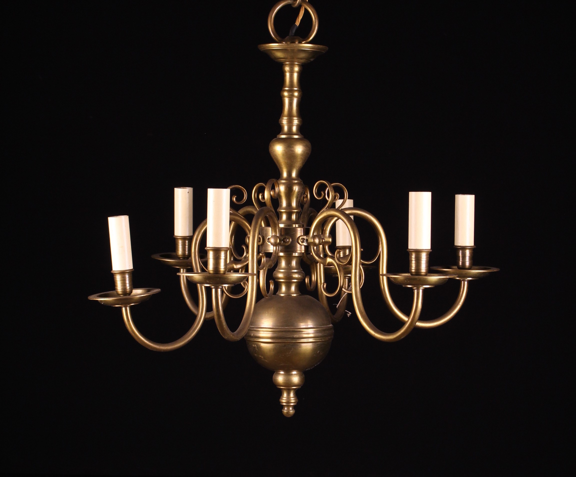 Three Brass Dutch Style Chandeliers: The largest having eight crested S-scroll arms bearing - Image 2 of 3