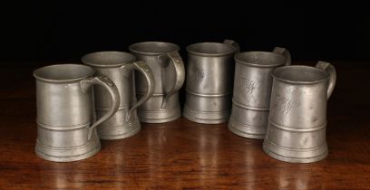 Six Early 19th Century Pewter Quart Tankards with the initials of Judge Watts,