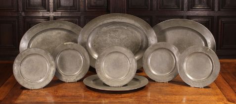 A Suite of Mid 18th Century Pewter Plates engraved with armorial shields with touchmarks for JOSEPH