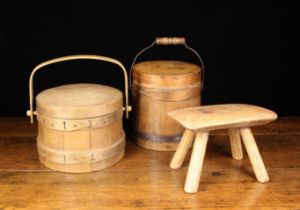 Two Staved Pine Lidded Flour Tubs & A Lace Maker's Stool: One tub being Victorian,