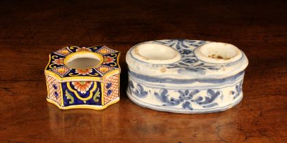 Two Faience Inkwells: A late 18th/early 19th century blue & white inkstand of oval form decorated