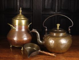 A Large Late 19th Century Dutch Copper Kettle with a hinged cap to the spout and a swing strap