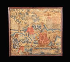 A Framed Queen Anne Tent-stitch Needlework Panel depicting a couple of country folk dancing to a