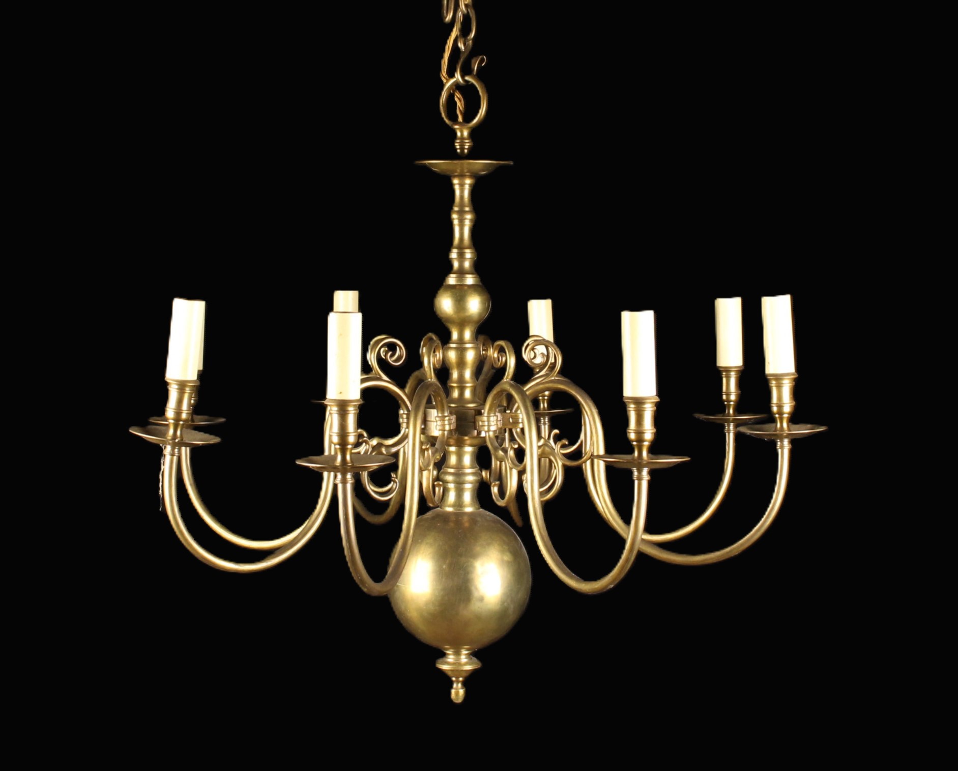 Three Brass Dutch Style Chandeliers: The largest having eight crested S-scroll arms bearing - Image 3 of 3