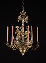 An Elaborate 19th Century Baroque Style Six-Light Cast Brass Chandelier.
