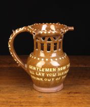 A Burton in Lonsdale Earthenware Puzzle Jug inlaid with verse; 'GENTLEMEN NOW TRY YOUR SKILL,