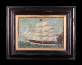 A 19th Century Naive Painting of a Three-masted Sailing Ship with bow sprit,