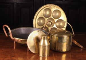 A Group of Antique Brass Kitchenware: An 18th century cooking pot having a cylindrical body with