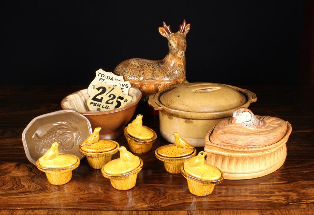 A Group of Kitchen Ceramics, predominantly French, and Six Grocer's Price Tags.