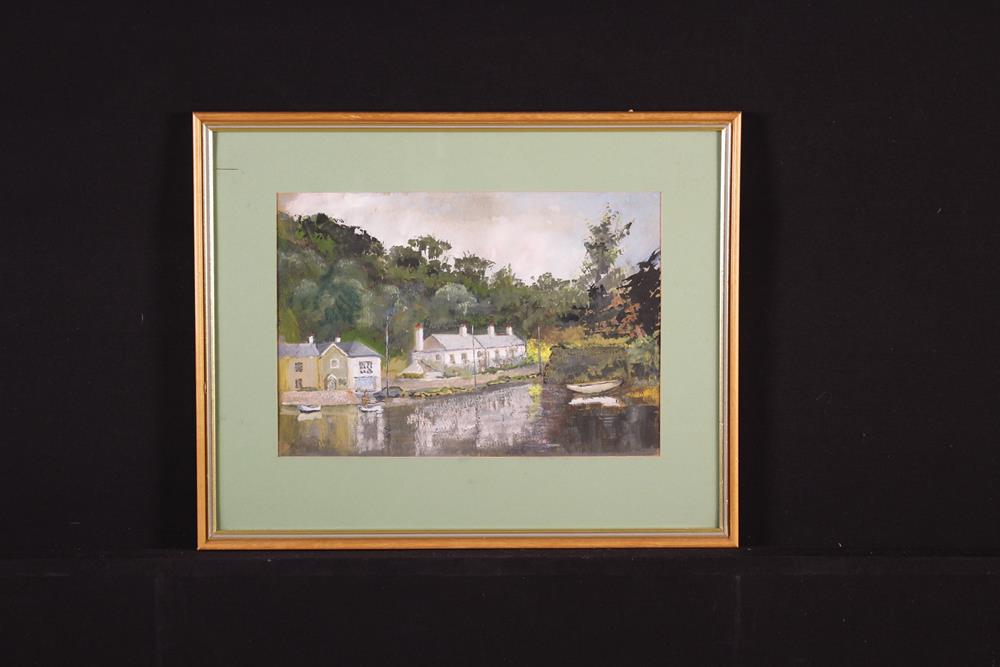 A Signed Gouache Painting: A South Devon Scene with river side cottages, 10" x 14½" (25 cm x 37 cm),