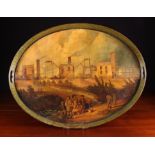 A Large 19th Century Painted Oval Tôleware Tray decorated with a scenic panel depicting figures in