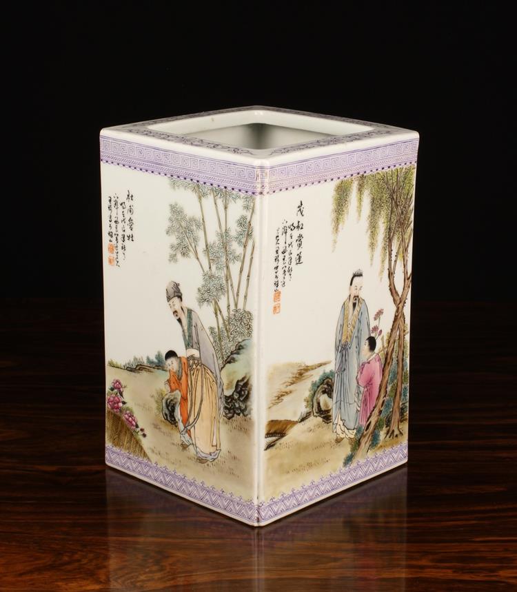 A Square Chinese Republican Vase decorated with figural scenes and calligraphy, 9¾" (25 cm) high.