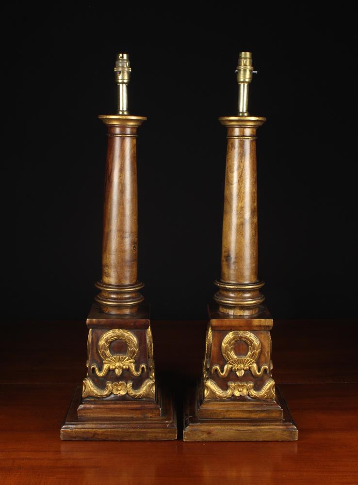 A Pair of Large Turned Walnut Columnar Side Lamps on square plinth bases ornamented with carved & - Image 2 of 2