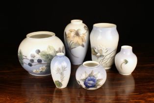 A Group of Six Vintage Royal Copenhagen Vases with botanical decoration ranging from 7" (18 cm) to