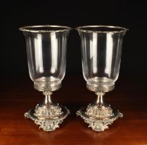 A Pair of Fabulous Glass Bell Shaped Vases with silver plated mounts and elaborate pedestal stands.