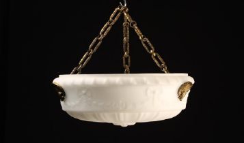 A Vintage Hanging Opaque Glass Light Shade hanging from three bronze chains and moulded with radial