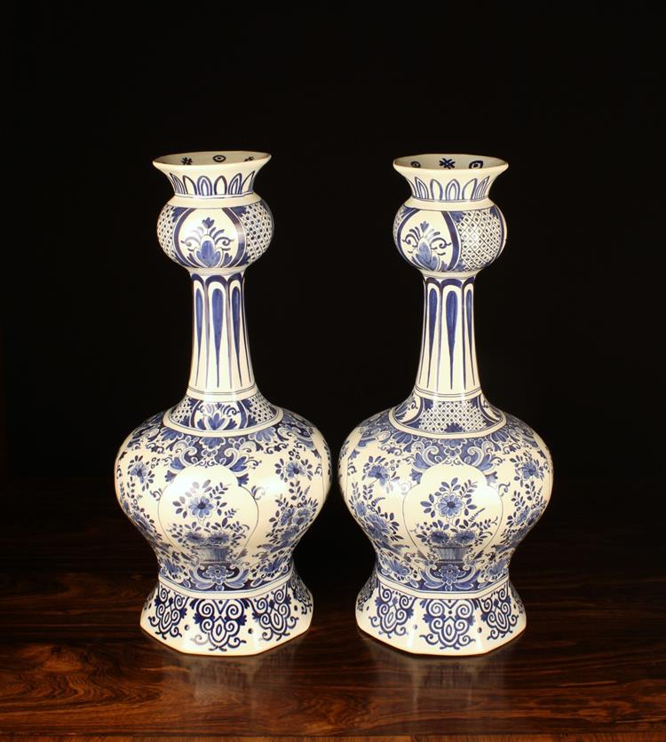 A Pair of Large 18th Century Style Blue & White Delft Onion-necked Vases.