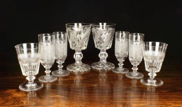 A Group of Cut Crystal Glasses: Two pairs of bucket-bowled goblets;