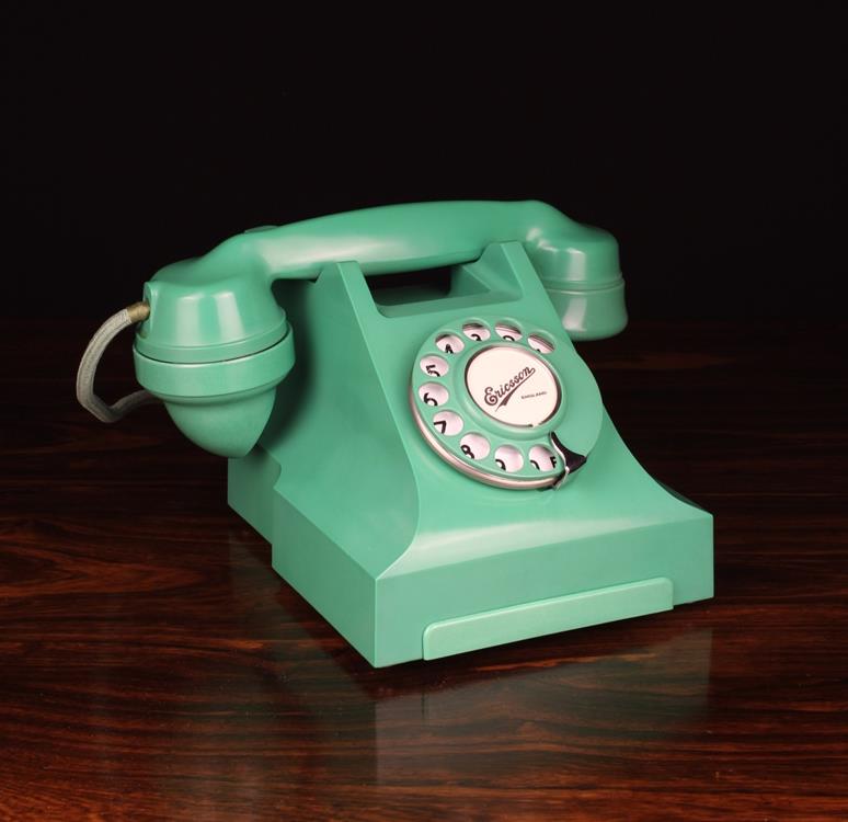 A Vintage Vibrant Green Bakelite Telephone, British GPO 300 series , the handset stamped P&T 606.