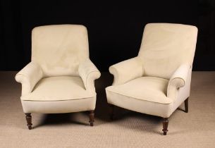 A Pair of Victorian Style Upholstered Armchairs covered in cream suede effect fabric edged with