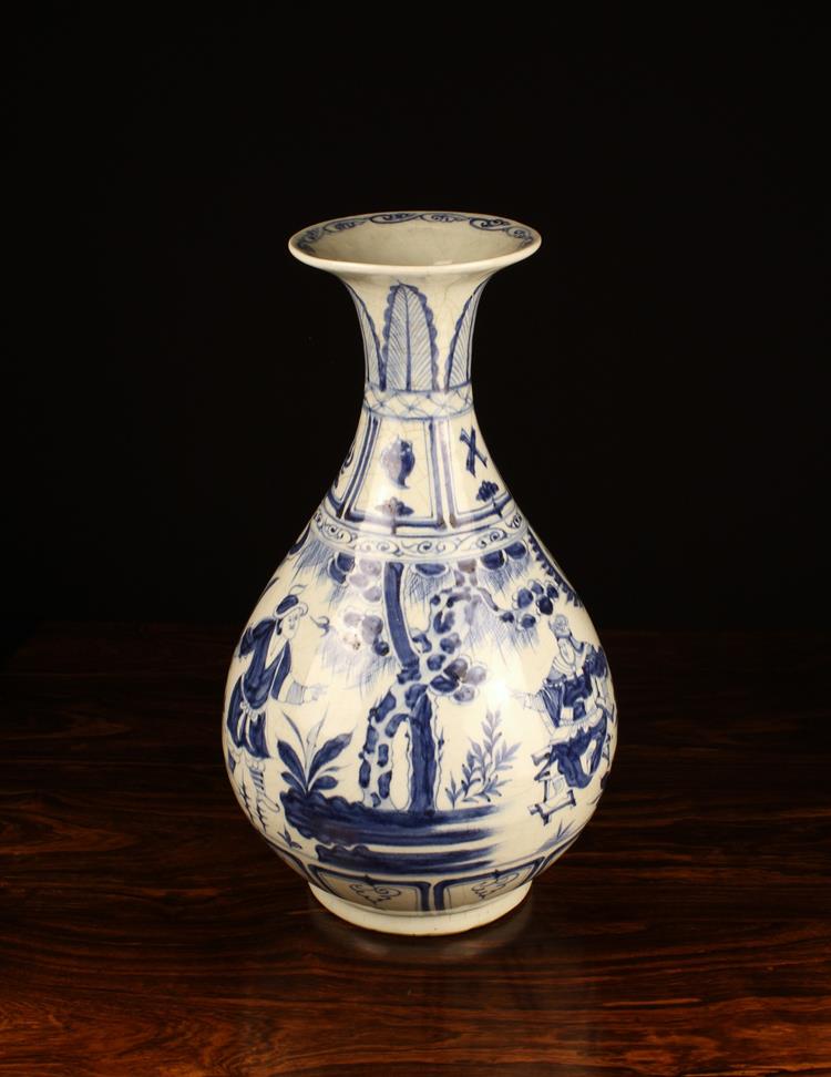 A Large Oriental Blue & White Baluster Vase decorated with figural scenes and plantain leaves to - Image 2 of 3