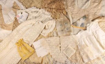 A Box of Vintage Lace, Crochet etc to include a knitted christening gown and shawl, lace collars,