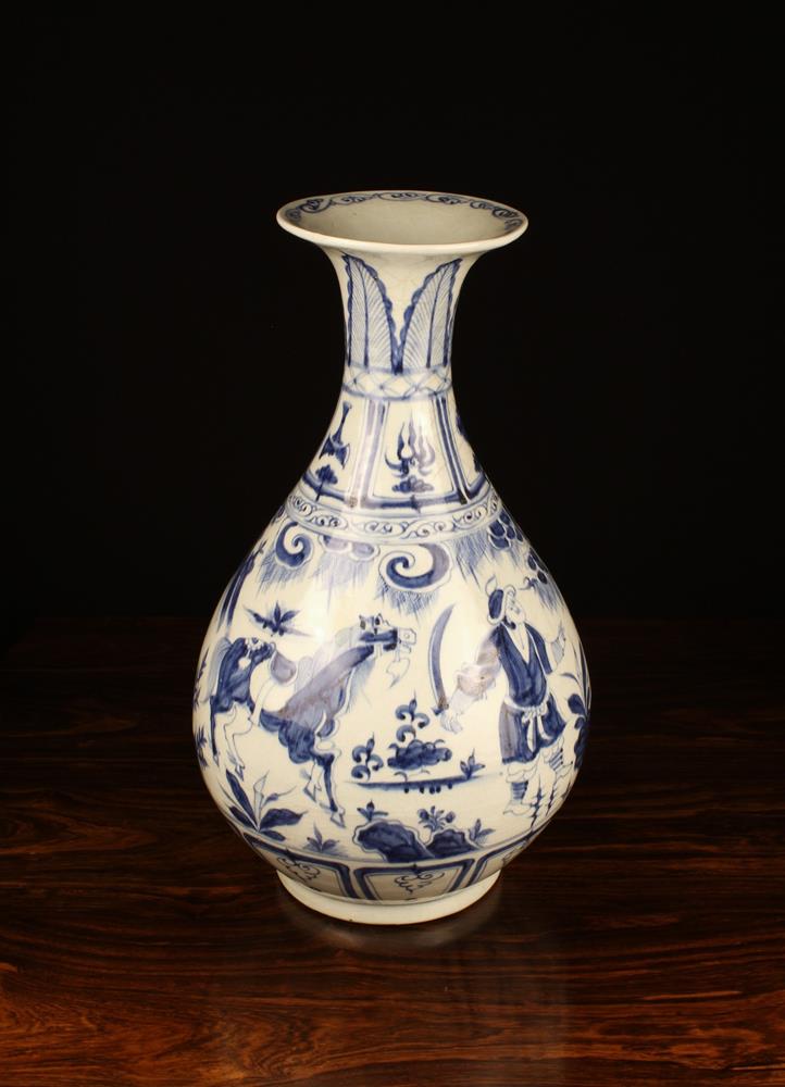 A Large Oriental Blue & White Baluster Vase decorated with figural scenes and plantain leaves to