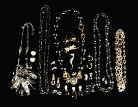 A Group of Costume Jewellery, predominantly in a palette of black, blue & gold to include necklaces,