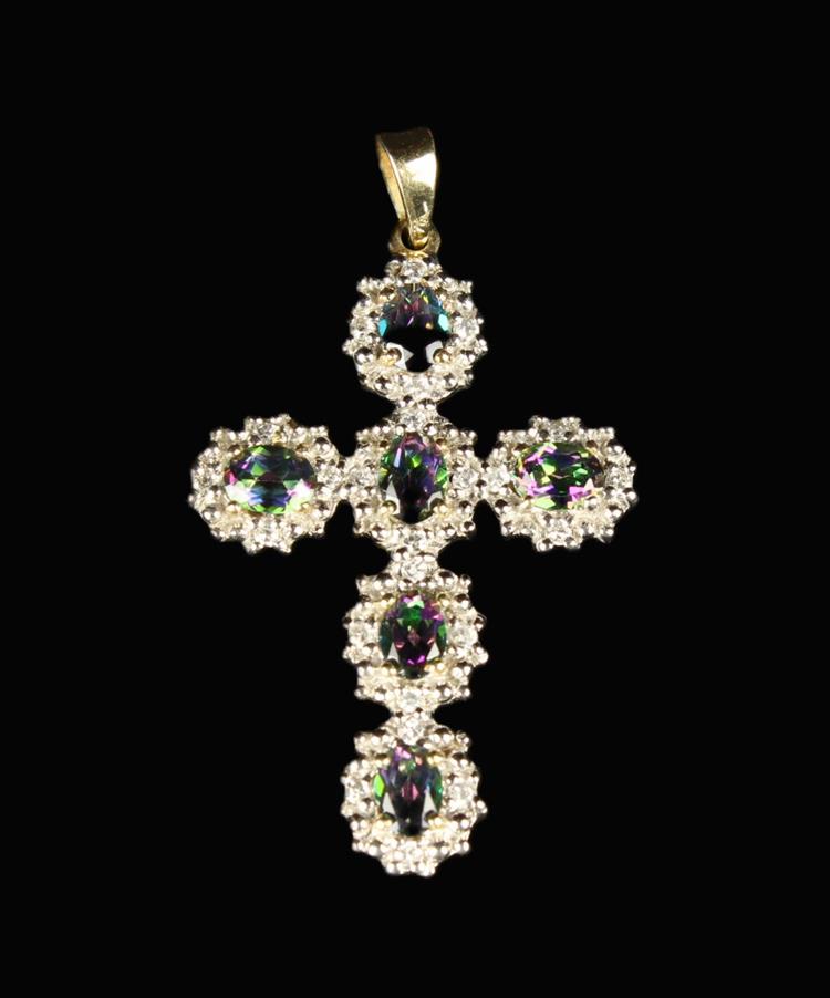 A Pretty Gold Pendant Crucifix set with six coloured oval-cut gems, possibly flourite,