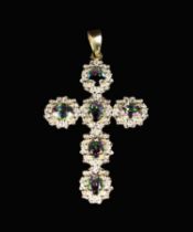 A Pretty Gold Pendant Crucifix set with six coloured oval-cut gems, possibly flourite,