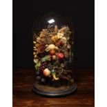 An Arrangement of Dried Flowers and Artificial Fruit displayed beneath a Victorian glass dome with
