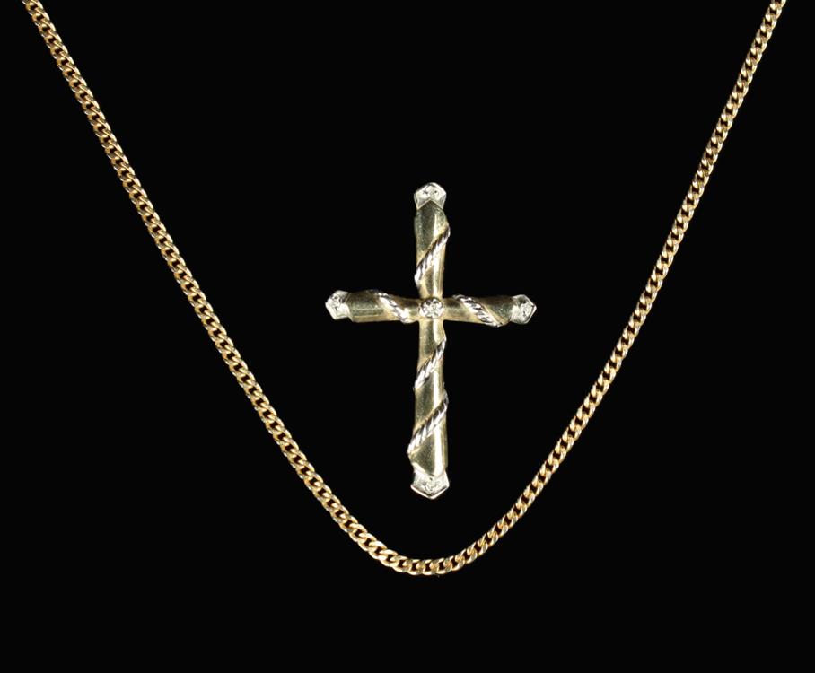 A 14 Carat Gold Chain Necklace and a 9 Carat Gold Pendant Crucifix entwined with ropetwist and