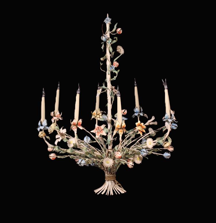 A Painted Vintage Sheet Metal Eight Branch Ceiling Light modelled as a collection of flowers.