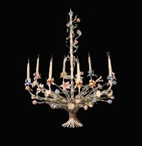 A Painted Vintage Sheet Metal Eight Branch Ceiling Light modelled as a collection of flowers.
