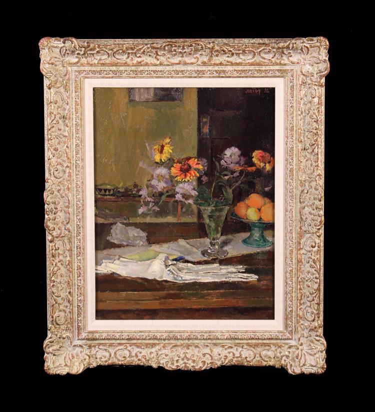 John Linfield (1930 - 2008) Still Life Oil on Board signed John Linfield and dated 1948 on verso