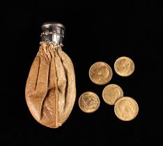 Two Gold Sovereigns and Three Half Sovereigns in a pouch with concertina action opening throat